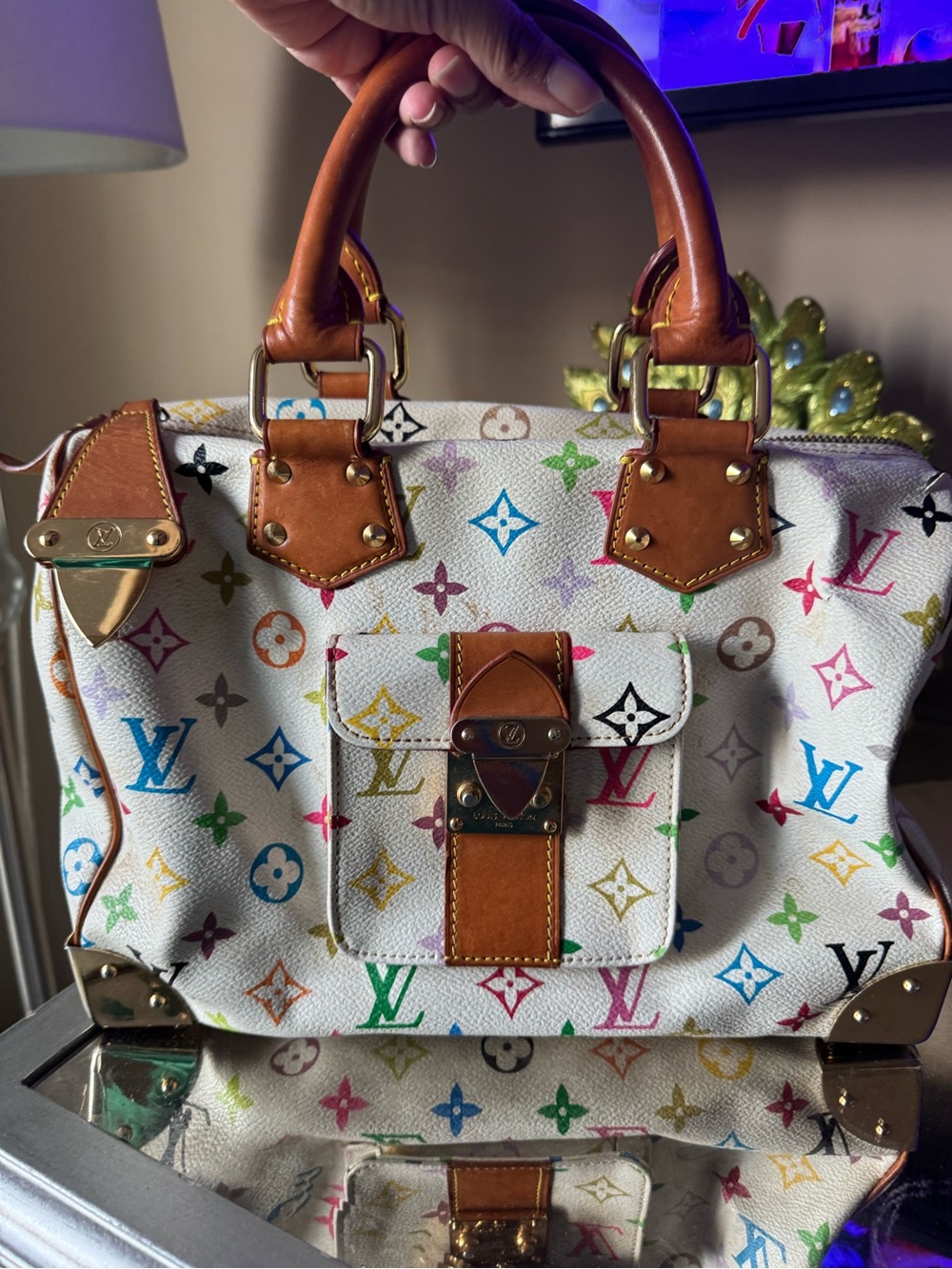 Louis Vuitton White Multicolor Monogram Satchel with Tan Trim